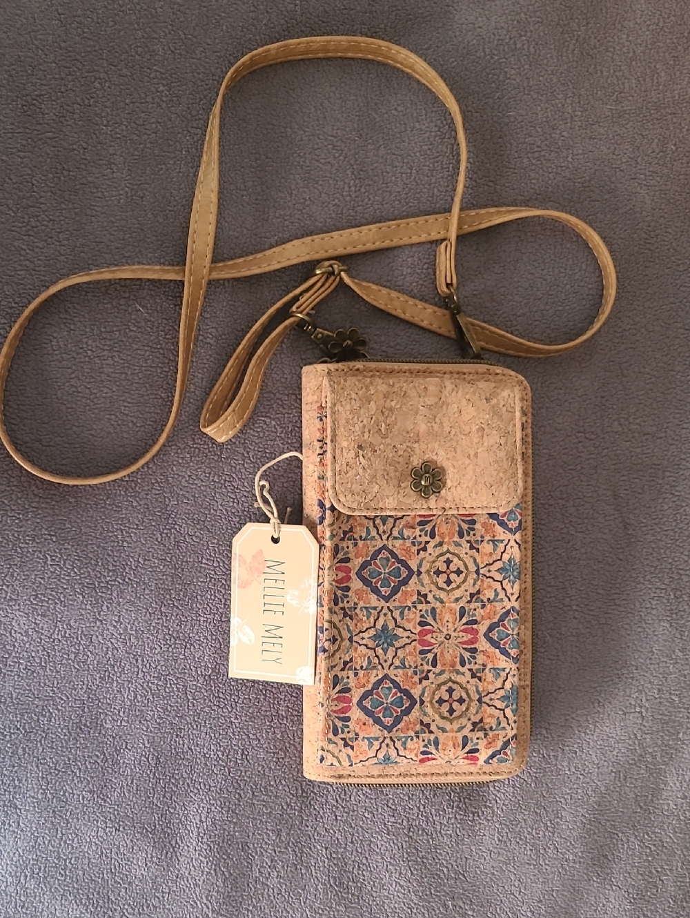 Mini Crossbody Wallet Bag in Tan Floral Tile